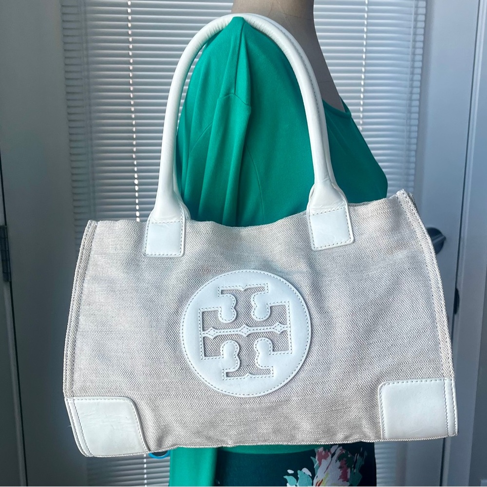 Tory Burch Ella Ivory Canvas Tote Leather Trim - Picture 4 of 11